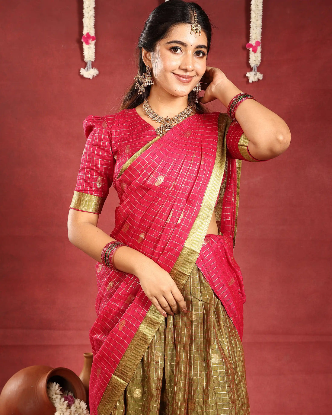 Women’s Semi Stitched Dhavani Set with Zari Checks Blouse Embellished Border and Traditional Woven Skirt - Pink & Olive Green