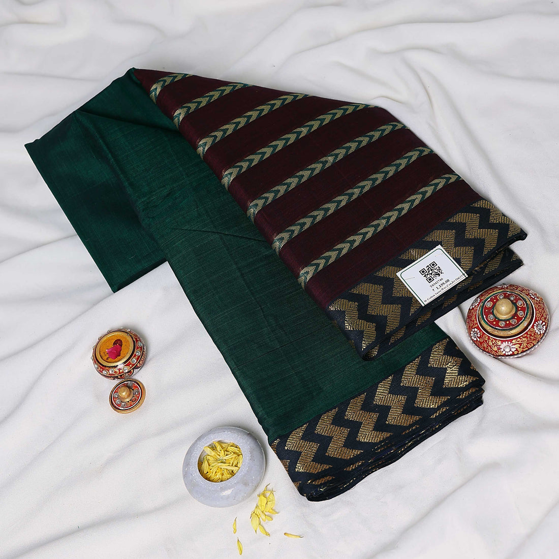 Dark Green Mangalagiri Cotton Saree with Gold Chevron Pattern Pallu & Traditional Zigzag Border - Full View