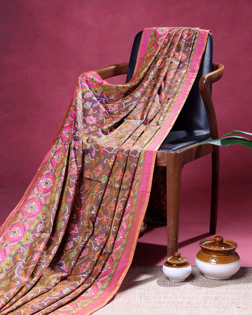 Elegant Patola Semi Silk Saree with Floral Inspired Patterns and an Intricate Border - Brown