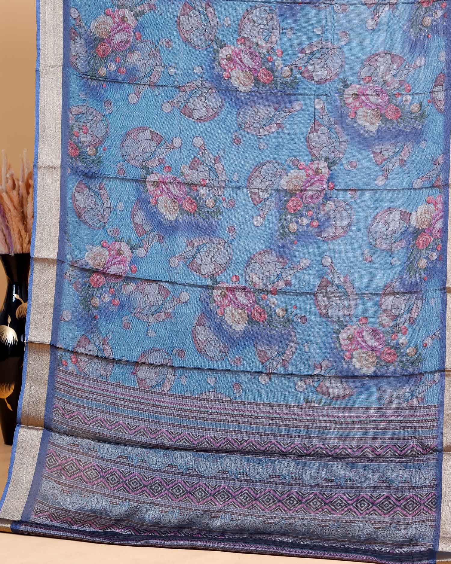 Blue Art Silk Saree with Intricate Floral and Geometric Weave Pattern