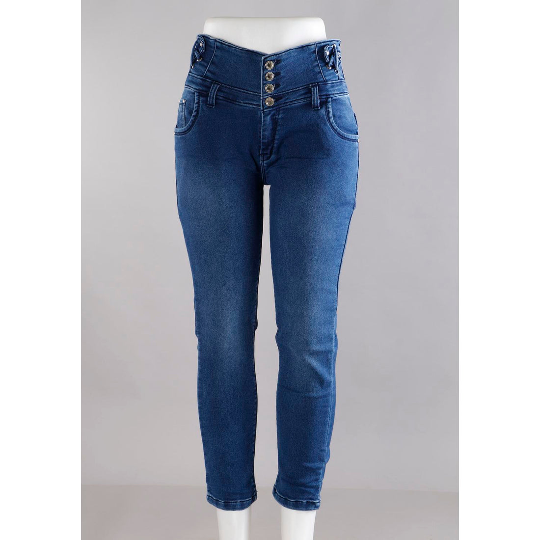 Women Blue Pencil Cut  Button Jeans