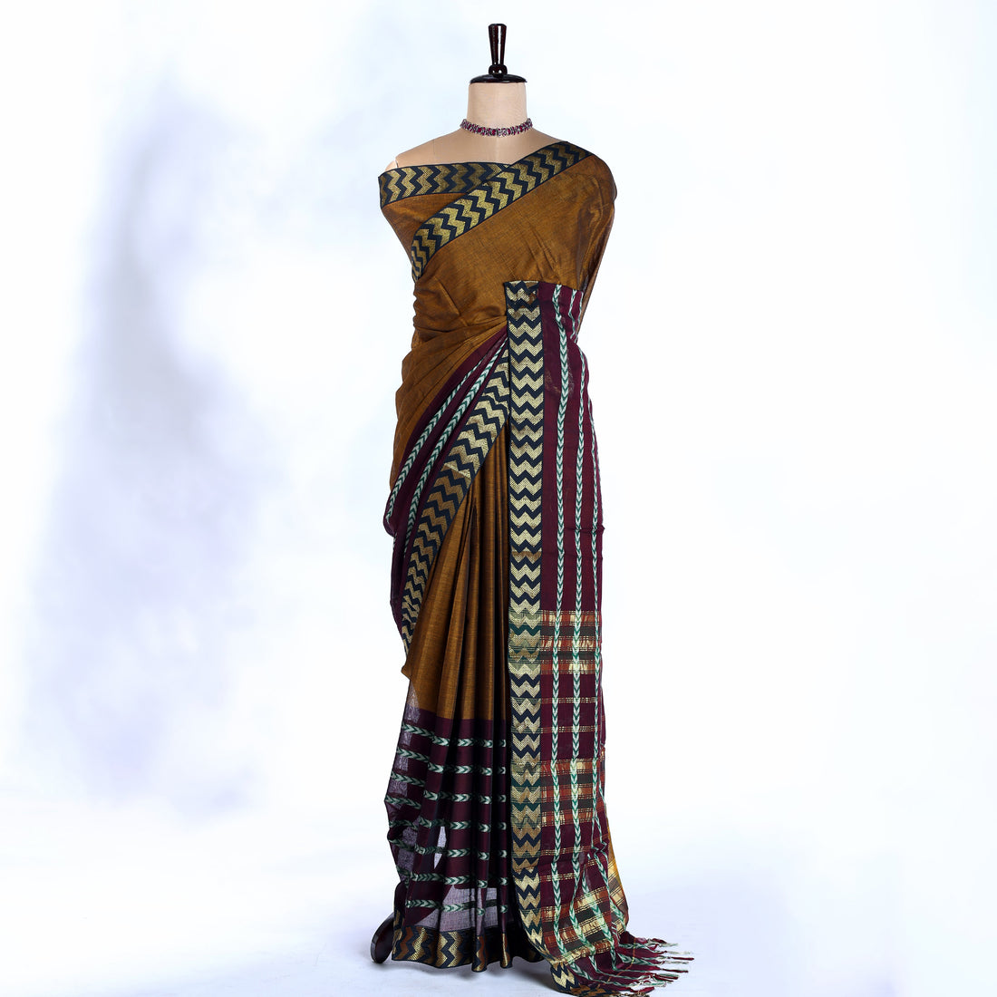Brown Mangalagiri Cotton Saree with Gold Chevron Pattern Pallu & Traditional Zigzag Border - Full View