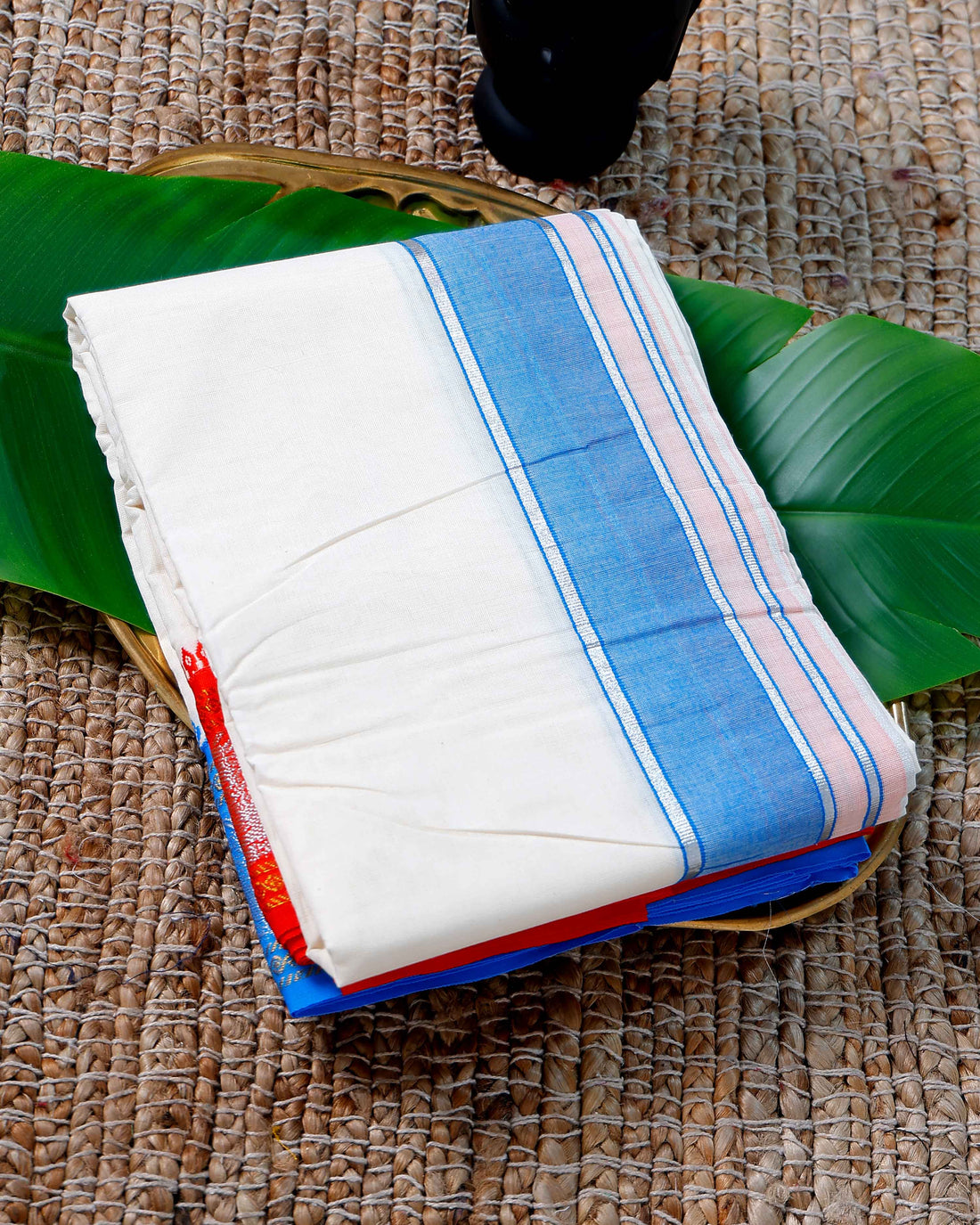 Men’s Cotton Dhoti with Blue Colour Border - White