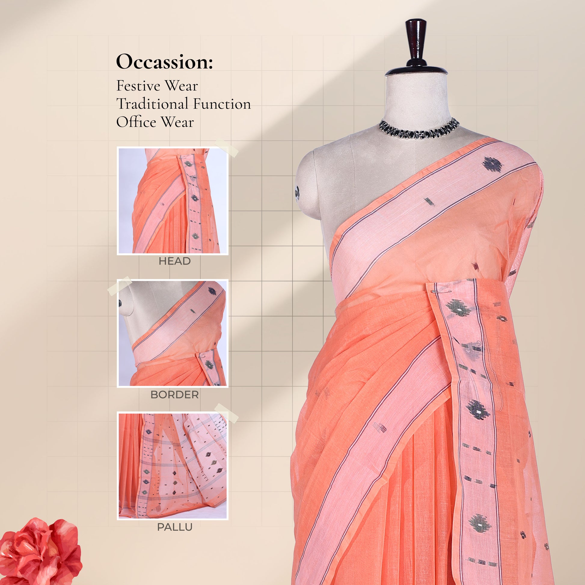 Bengal Cotton Saree With Woven Buti Motifs And Contrast Border In Light Orange Draped On Mannequin -  Front View
