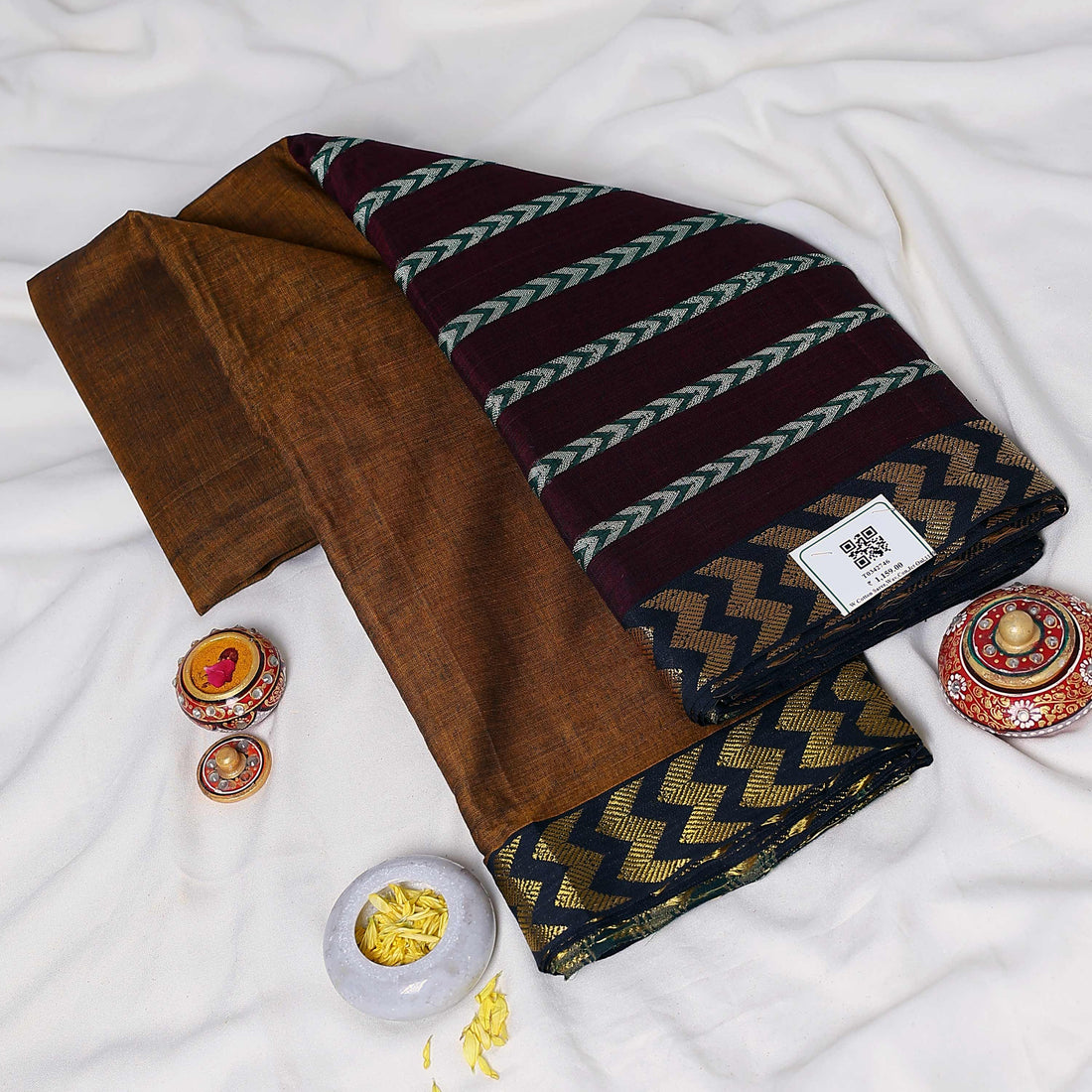 Brown Mangalagiri Cotton Saree with Gold Chevron Pattern Pallu & Traditional Zigzag Border - Full View