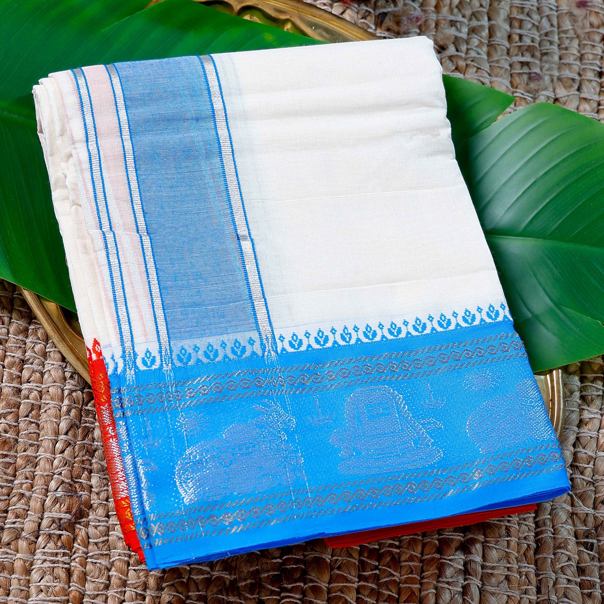 Men’s Cotton Dhoti with Blue Colour Border - White