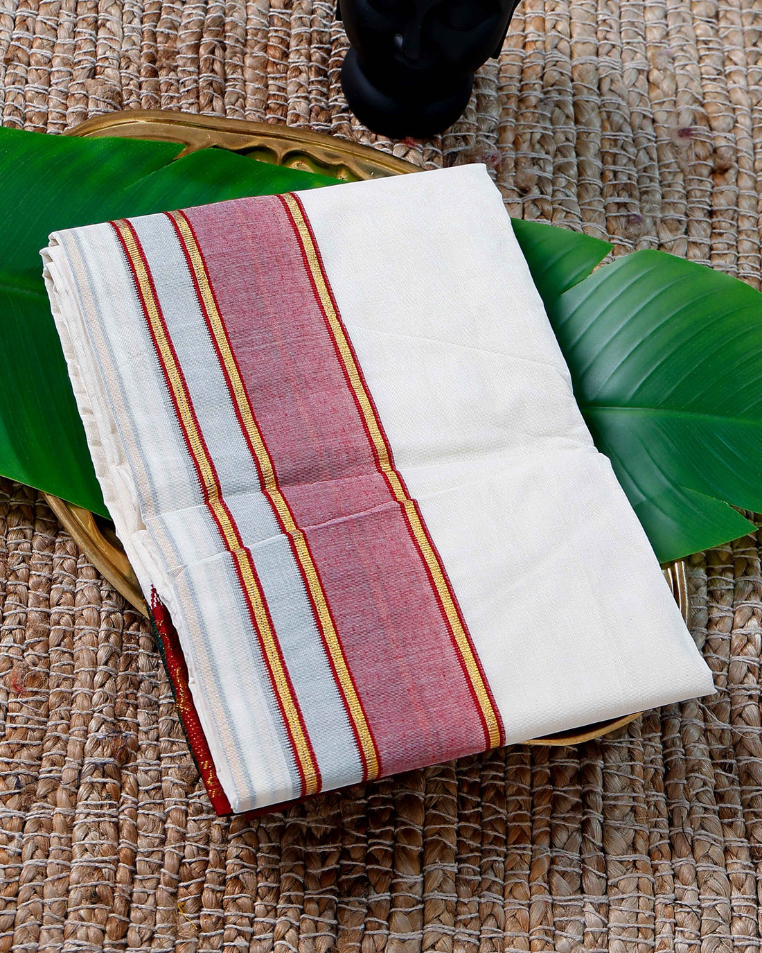 Men’s Cotton Dhoti with Green Colour Border - White