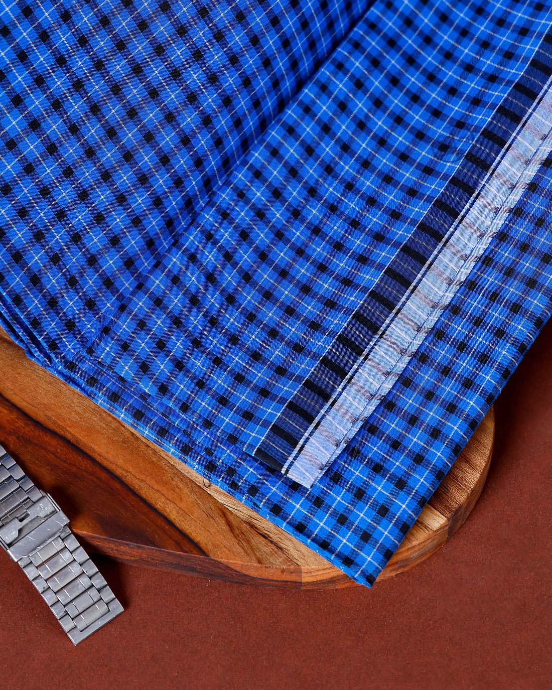 Sangu Brand Men's Premium Cotton Checked Lungi Stitched - Blue