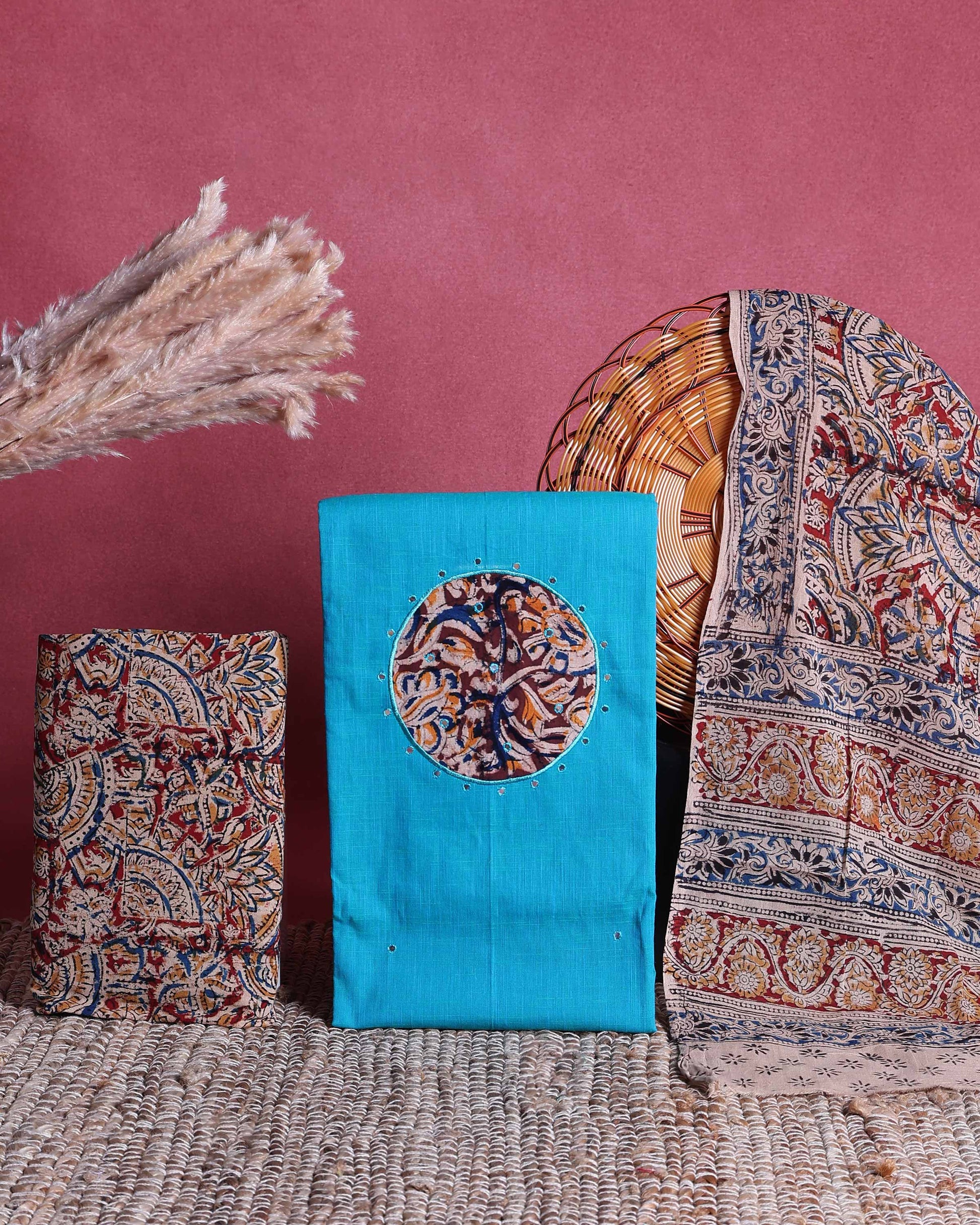 Women’s Unstitched Salwar Suit Material Set with Kalamkari Print Top 2.5 Mtr, Bottom 2 Mtr and Dupatta 2.25 Mtr, Aqua Blue