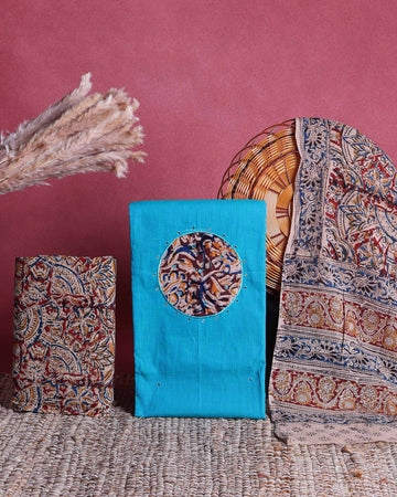 Women’s Unstitched Salwar Suit Material Set with Kalamkari Print Top 2.5 Mtr, Bottom 2 Mtr and Dupatta 2.25 Mtr, Aqua Blue