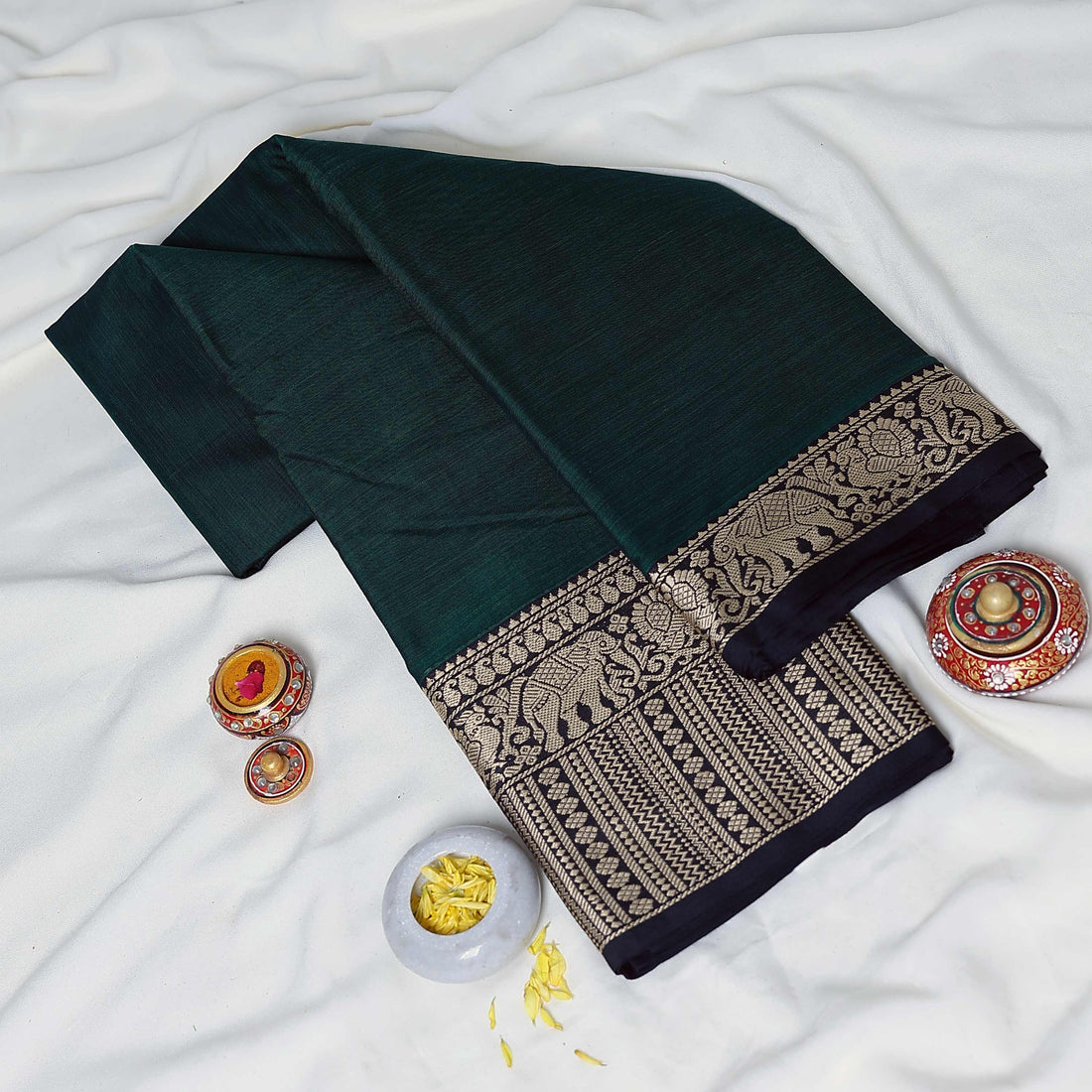 Dark Green Mangalagiri Cotton Saree for Women | Festive Summer Collection | Jeyachandran - Full View