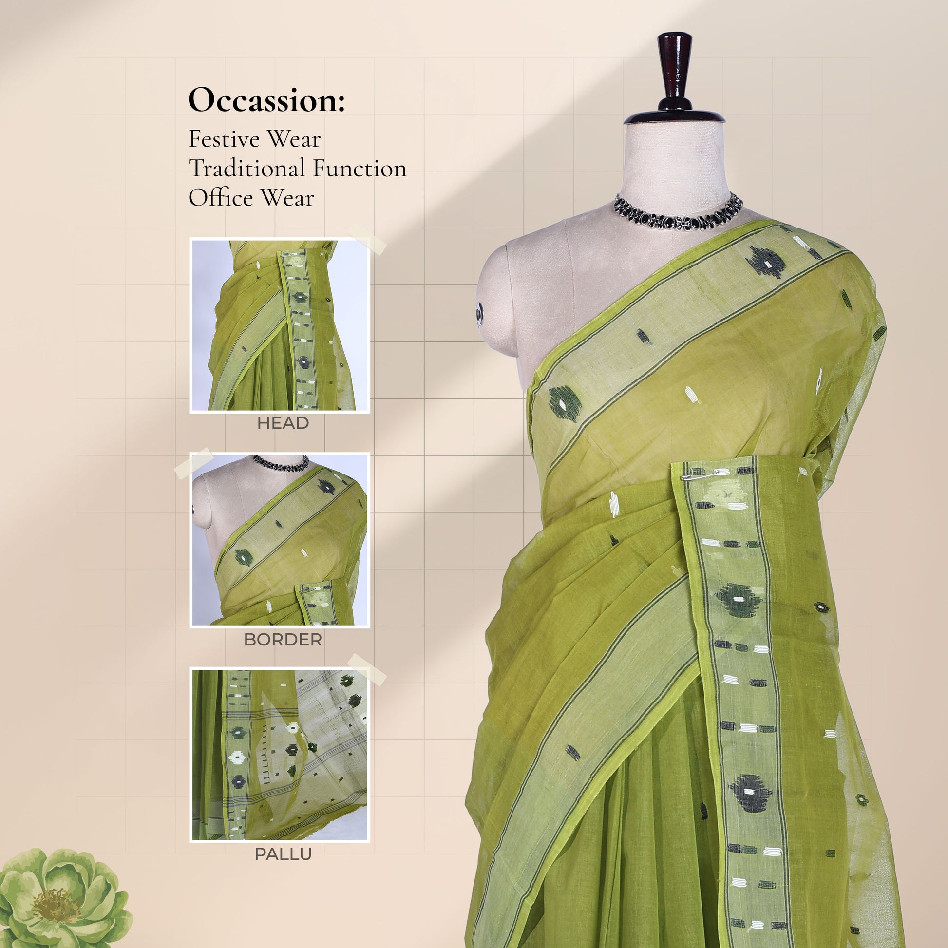 Bengal Cotton Saree With Woven Buti Motifs And Contrast Border In Green Draped On Mannequin -  Front View