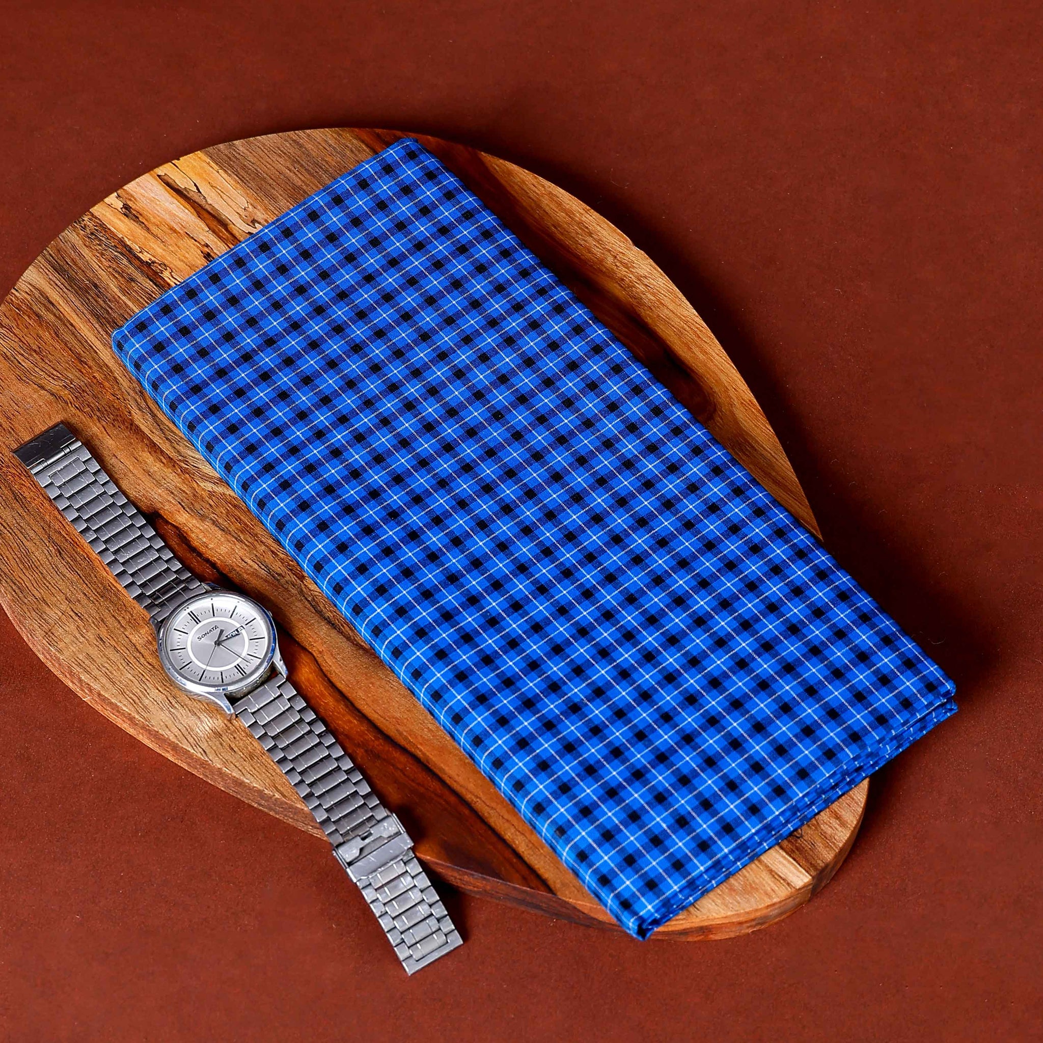Sangu Brand Men's Premium Cotton Checked Lungi Stitched - Blue