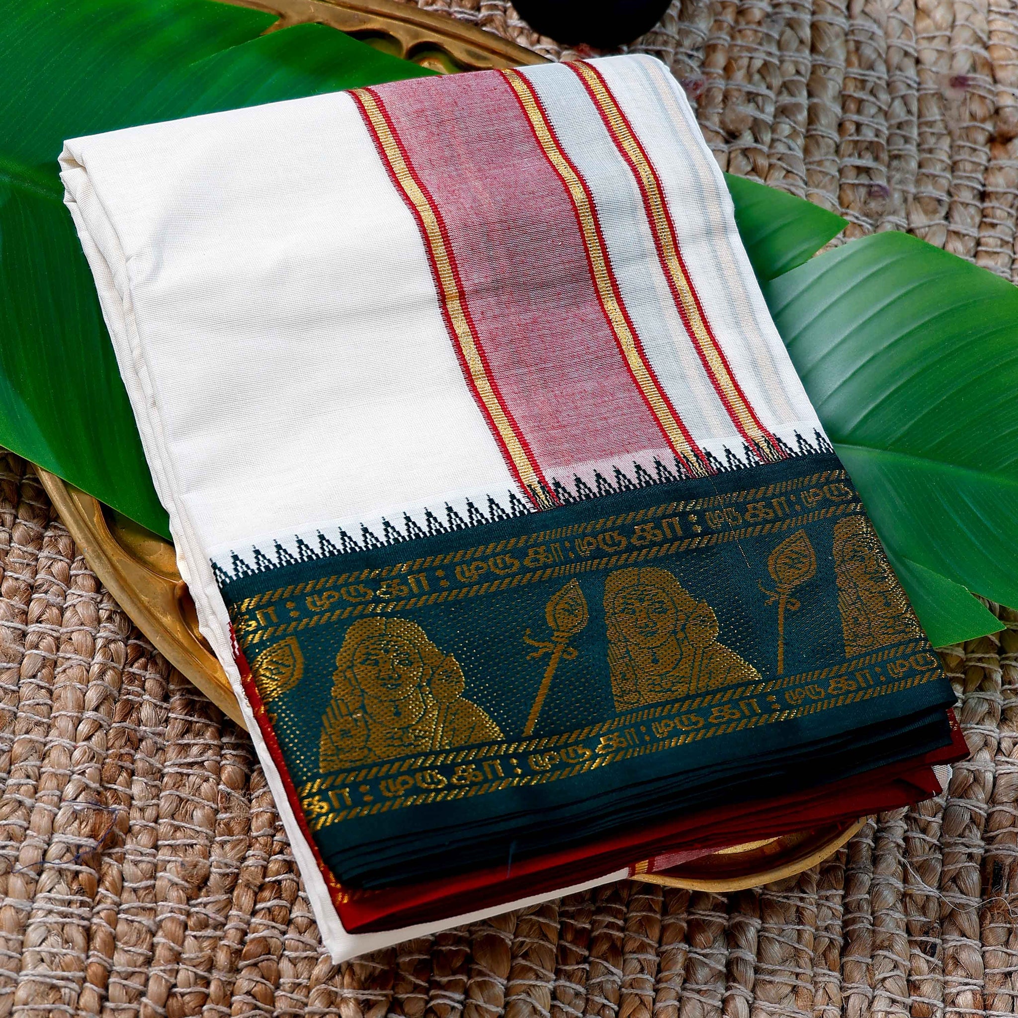 Men’s Cotton Dhoti with Green Colour Border - White