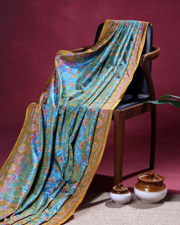 Elegant Patola Semi Silk Saree with Floral Inspired Patterns and an Intricate Border - Blue