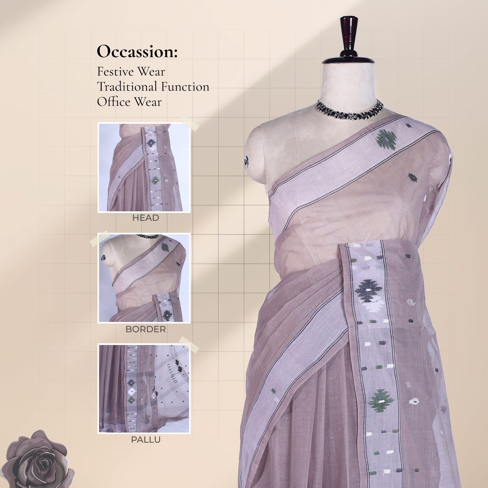 Bengal Cotton Saree With Woven Buti Motifs And Contrast Border In Light Brown Draped On Mannequin -  Front View