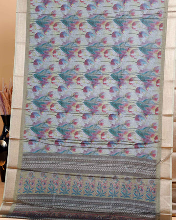 Grey Art Silk Saree with Intricate Floral and Geometric Weave Pattern