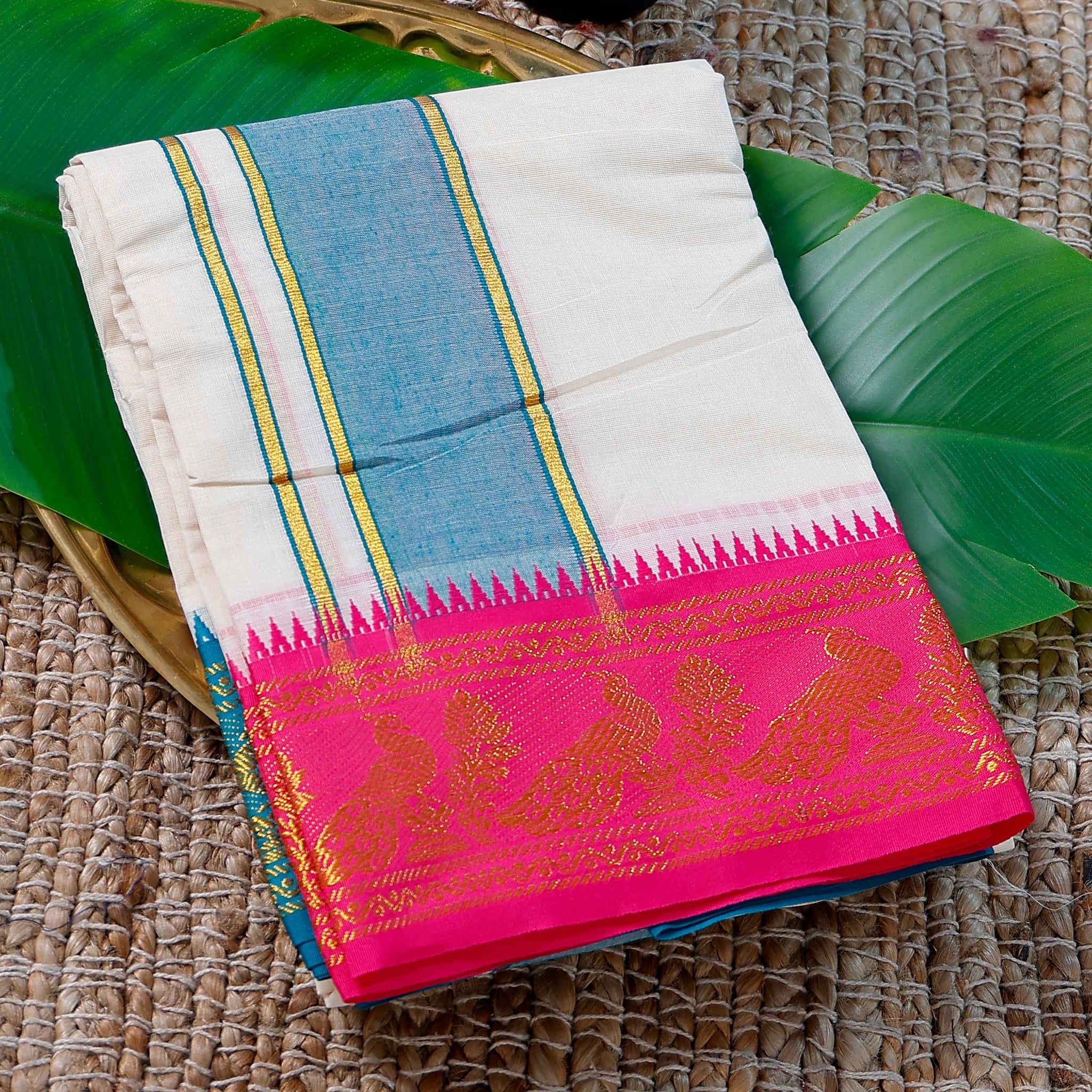 Men’s Cotton Dhoti with Pink Colour Border - White