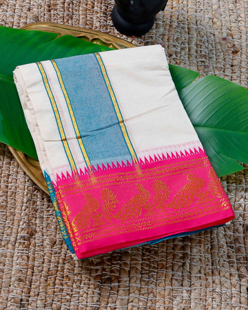 Men’s Cotton Dhoti with Pink Colour Border - White