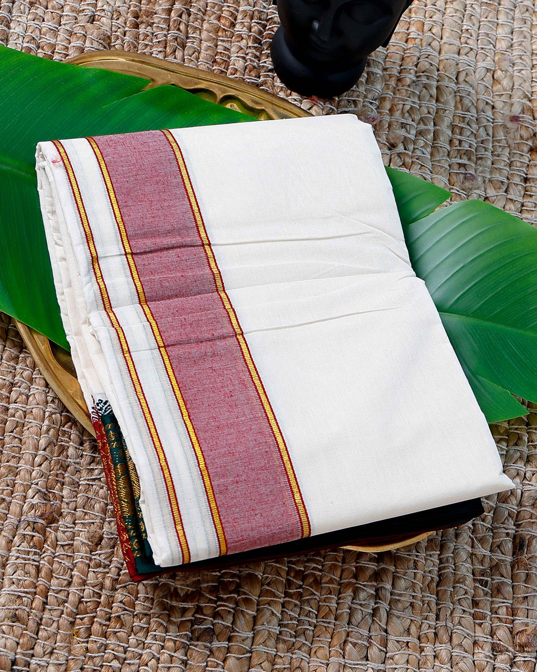 Men’s Cotton Dhoti with Maroon Colour Border - White