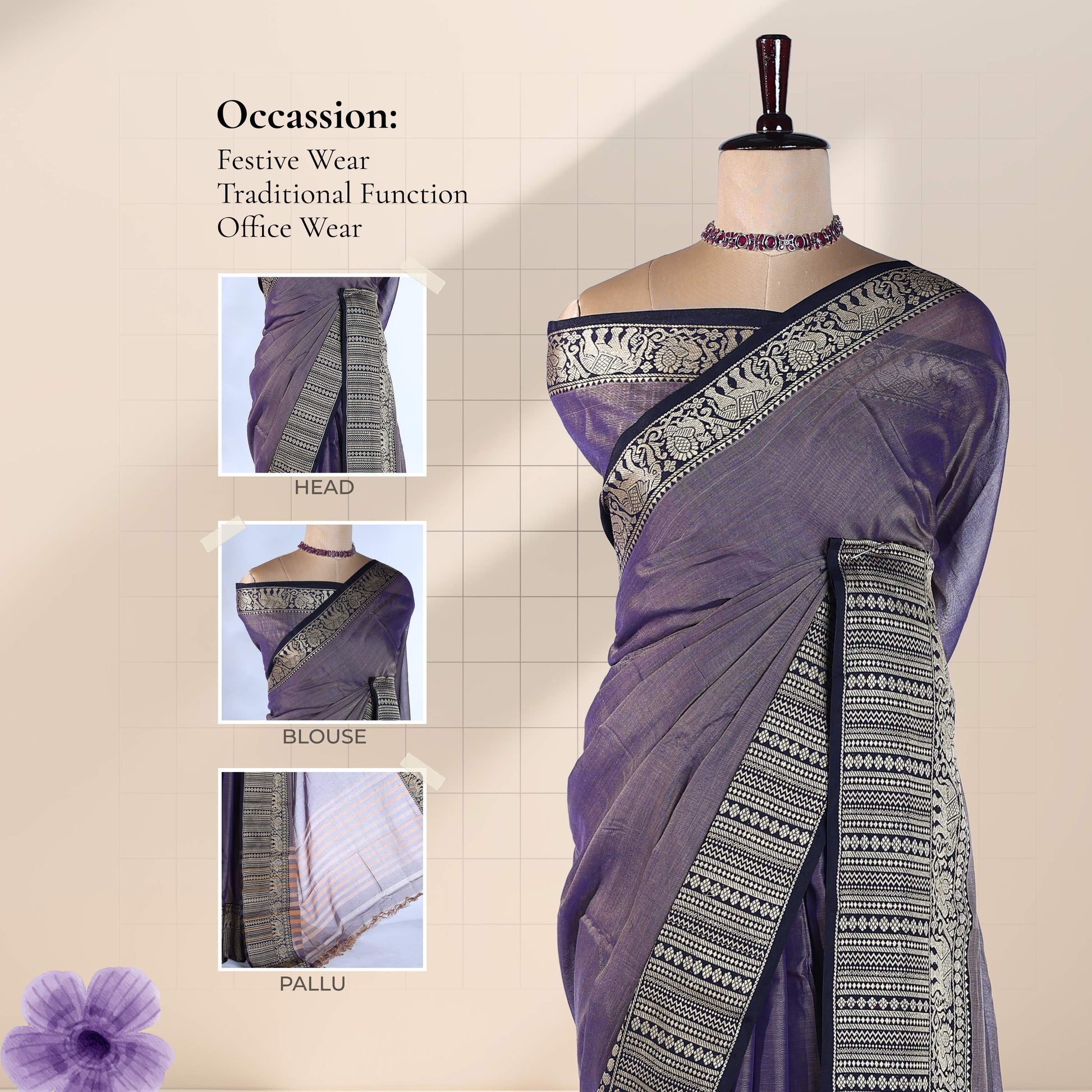 Light Purple Mangalagiri Cotton Saree With Black And Gold Woven Border Featuring Detailed Views Of The Border Pleats & Pallu Perfect For Festive Occasions Traditional Events & Office Wear
