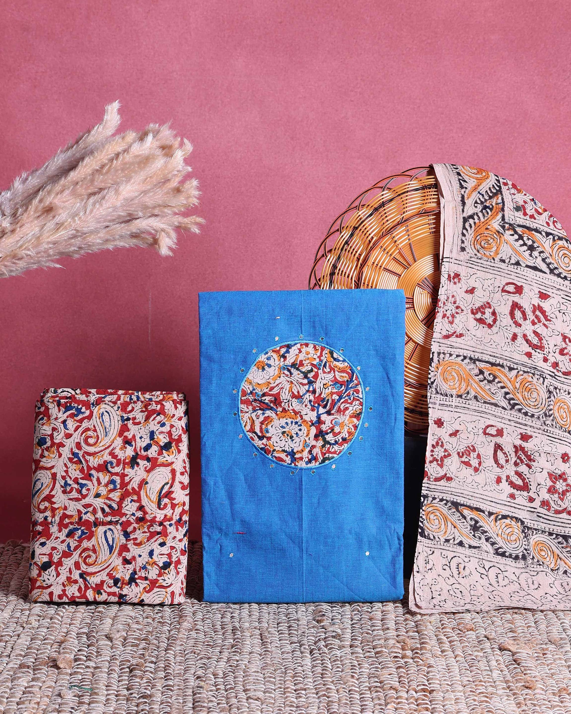 Women’s Unstitched Salwar Suit Material Set with Kalamkari Print Top 2.5 Mtr, Bottom 2 Mtr and Dupatta 2.25 Mtr, Blue