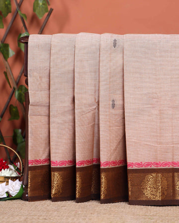 Handloom Chettinad Saree with Contrast Border and Paisley Designs - Sandal
