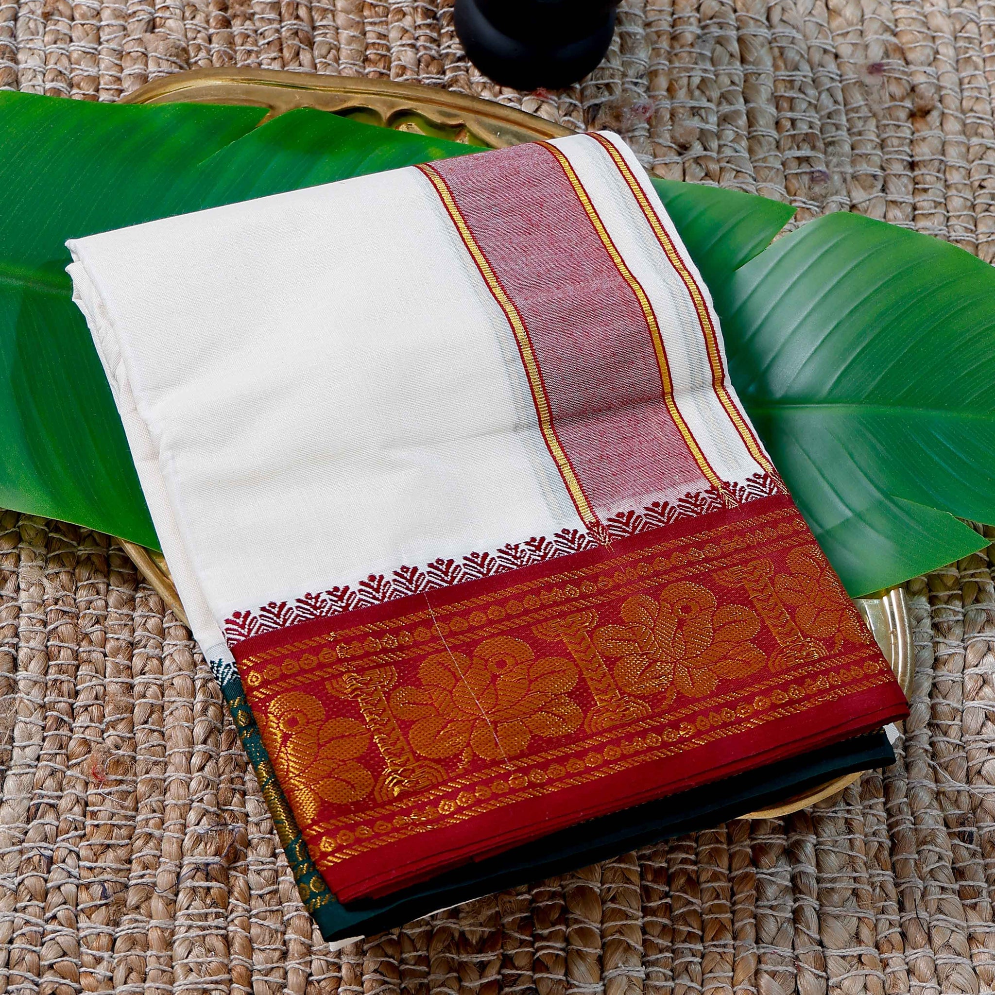 Men’s Cotton Dhoti with Maroon Colour Border - White