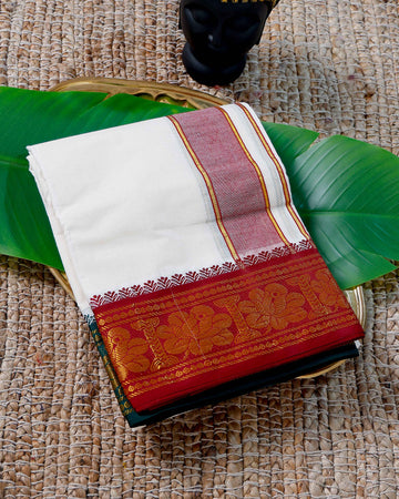 Men’s Cotton Dhoti with Maroon Colour Border - White