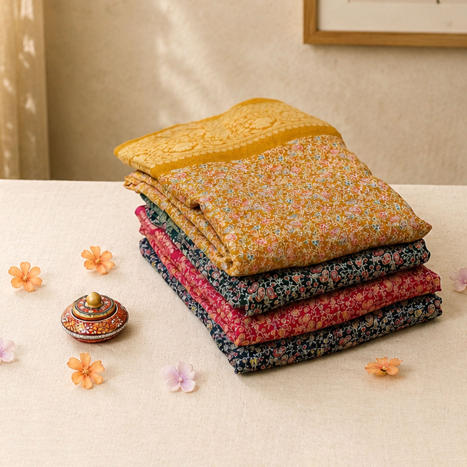 Art silk saree with intricate floral paisley print in teal and multicolor tones folded stack close up view
