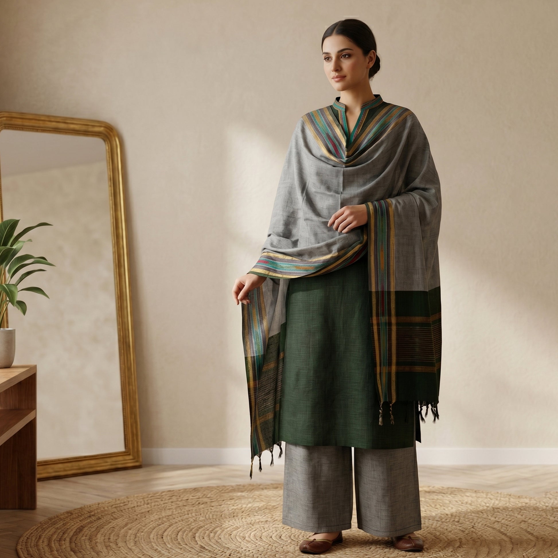 Dark Green Cotton Salwar Material With Striped Weave Grey Dupatta And Striped Border Front View