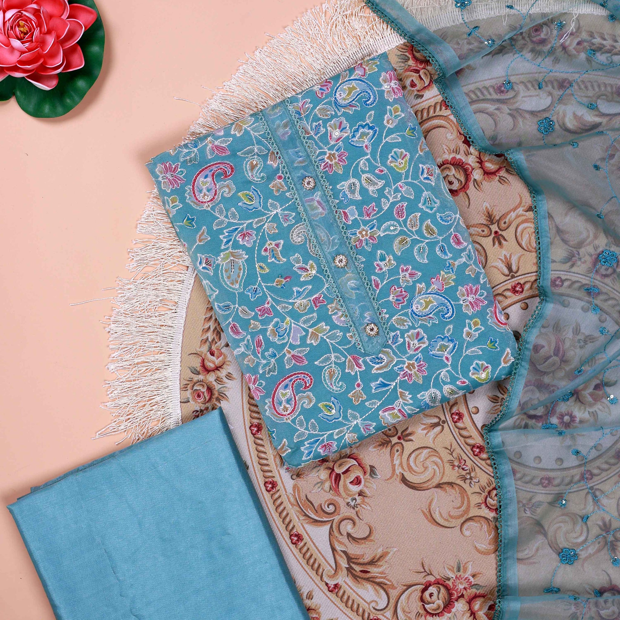 Women's Floral Embroidered Salwar Suit Material with Beaded Neckline and Net Dupatta - Teal