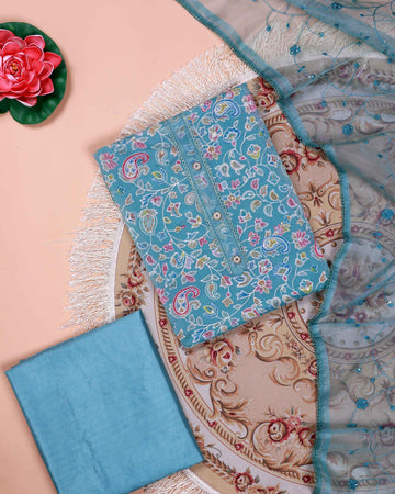 Women's Floral Embroidered Salwar Suit Material with Beaded Neckline and Net Dupatta - Teal