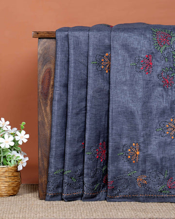 Elegant Hand Embroidered Kantha Work Tussar Saree with Floral and Geometric Motifs - Dark Grey