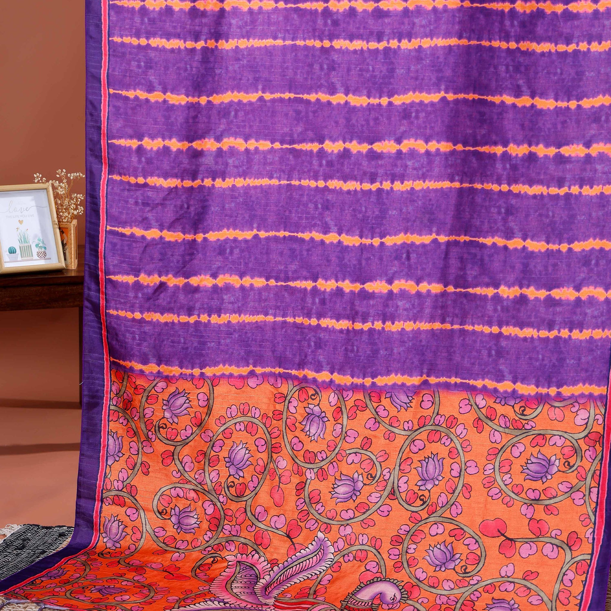 Elegant Semi Tussar Silk Saree with Intricate Nature-Inspired Patterns and Textured Stripes - Purple