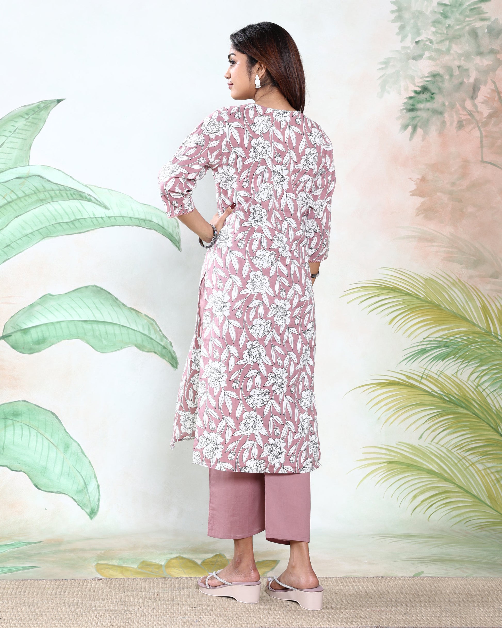 Women’s Readymade Salwar Suit Set with Floral Printed Straight Kurta, Pants & Striped Dupatta, Onion Pink Back View