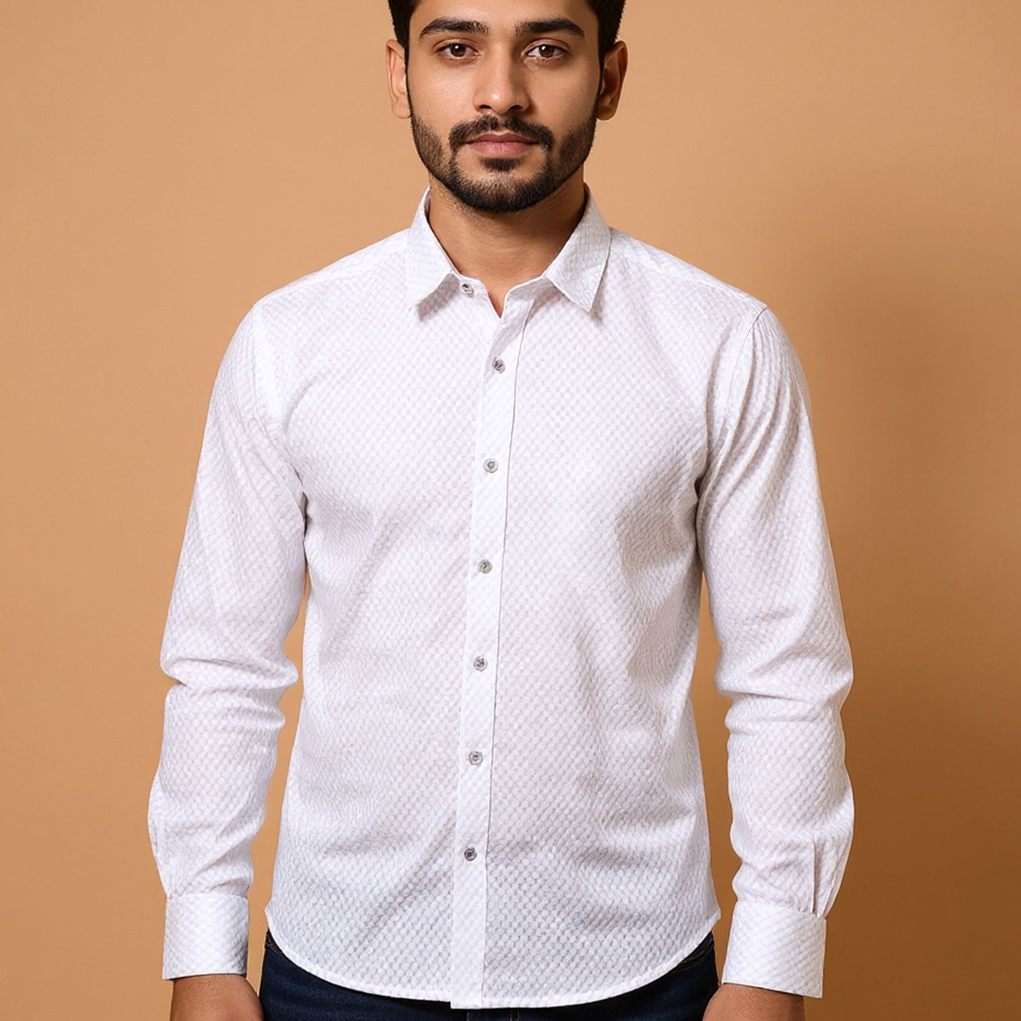 Nativebull Men's Textured Casual Shirt with Full Sleeves and Regular Fit - White