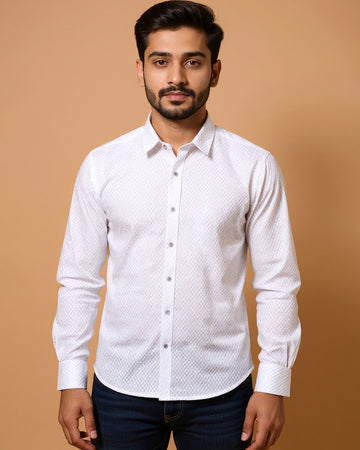 Nativebull Men's Textured Casual Shirt with Full Sleeves and Regular Fit - White
