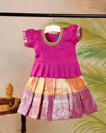 Classic Kids Pattu Pavadai Readymade a Traditional Ethnic Gown with Zari Border & Puff Sleeves  - Violet