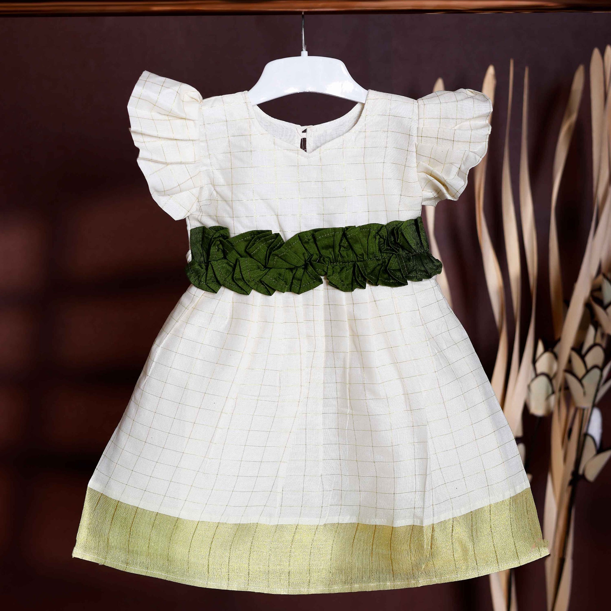 Girls' Traditional Handloom Frock with Ruffled Waistband and Gold Border - Off White