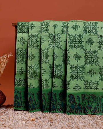 Elegant Sungudi Cotton Saree with Traditional Pattern Design - Green