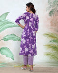 Elegant Floral Printed Women’s Readymade Salwar Suit Set with Straight Kurta Patterned Pants and Matching Dupatta, Violet Back View