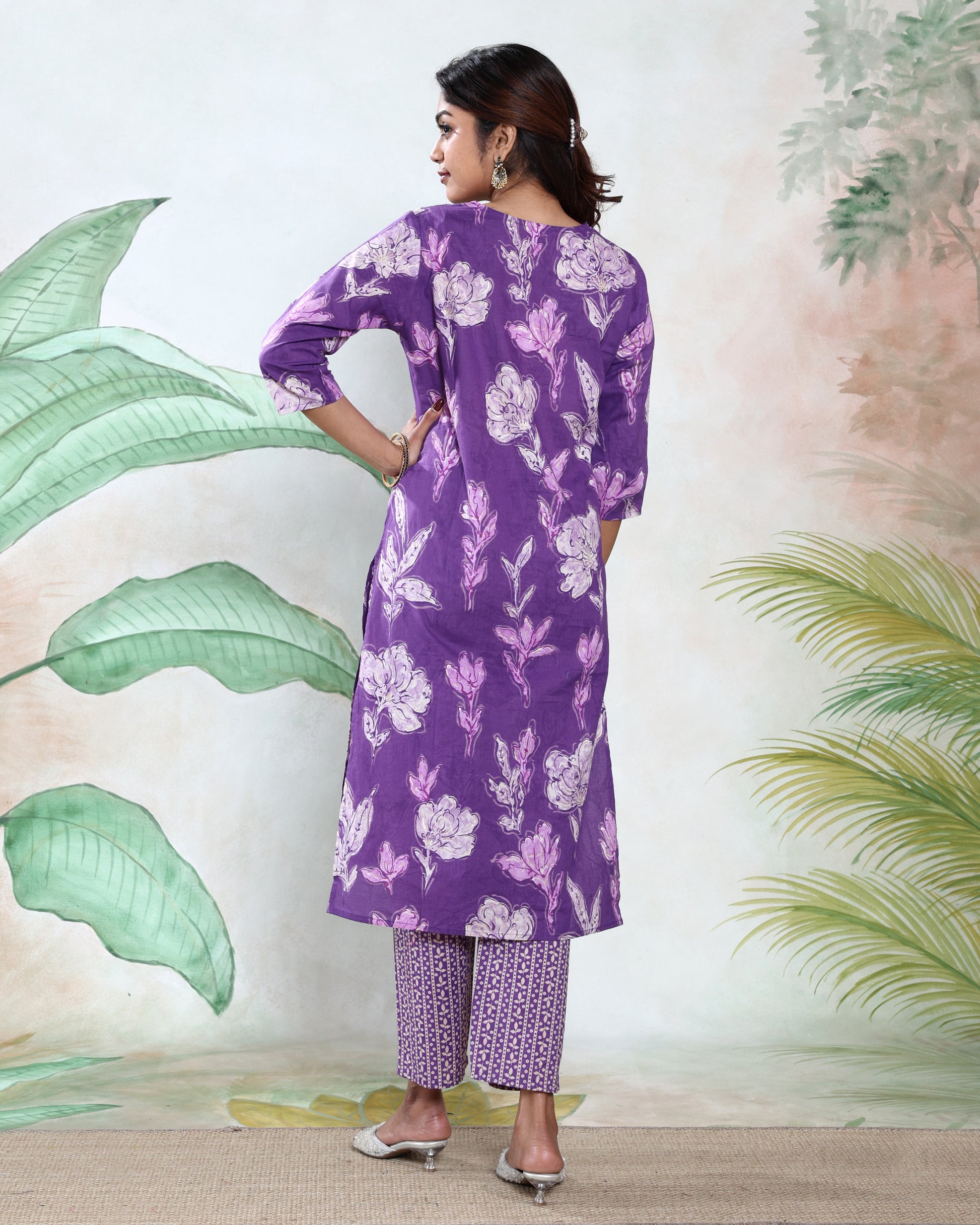 Elegant Floral Printed Women’s Readymade Salwar Suit Set with Straight Kurta Patterned Pants and Matching Dupatta, Violet Back View