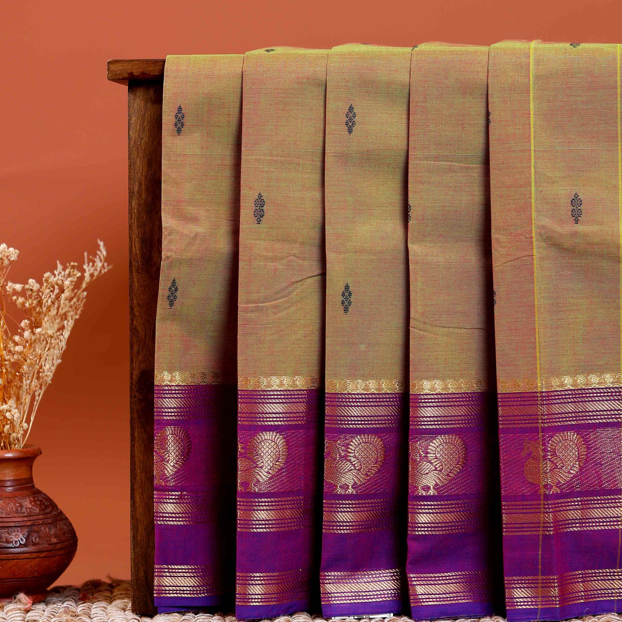 Handloom Chettinad Cotton Saree with Butta Weaves, Zari Peacock Motif Border and Contrast Pallu - Brown