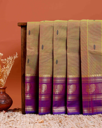 Handloom Chettinad Cotton Saree with Butta Weaves, Zari Peacock Motif Border and Contrast Pallu - Brown