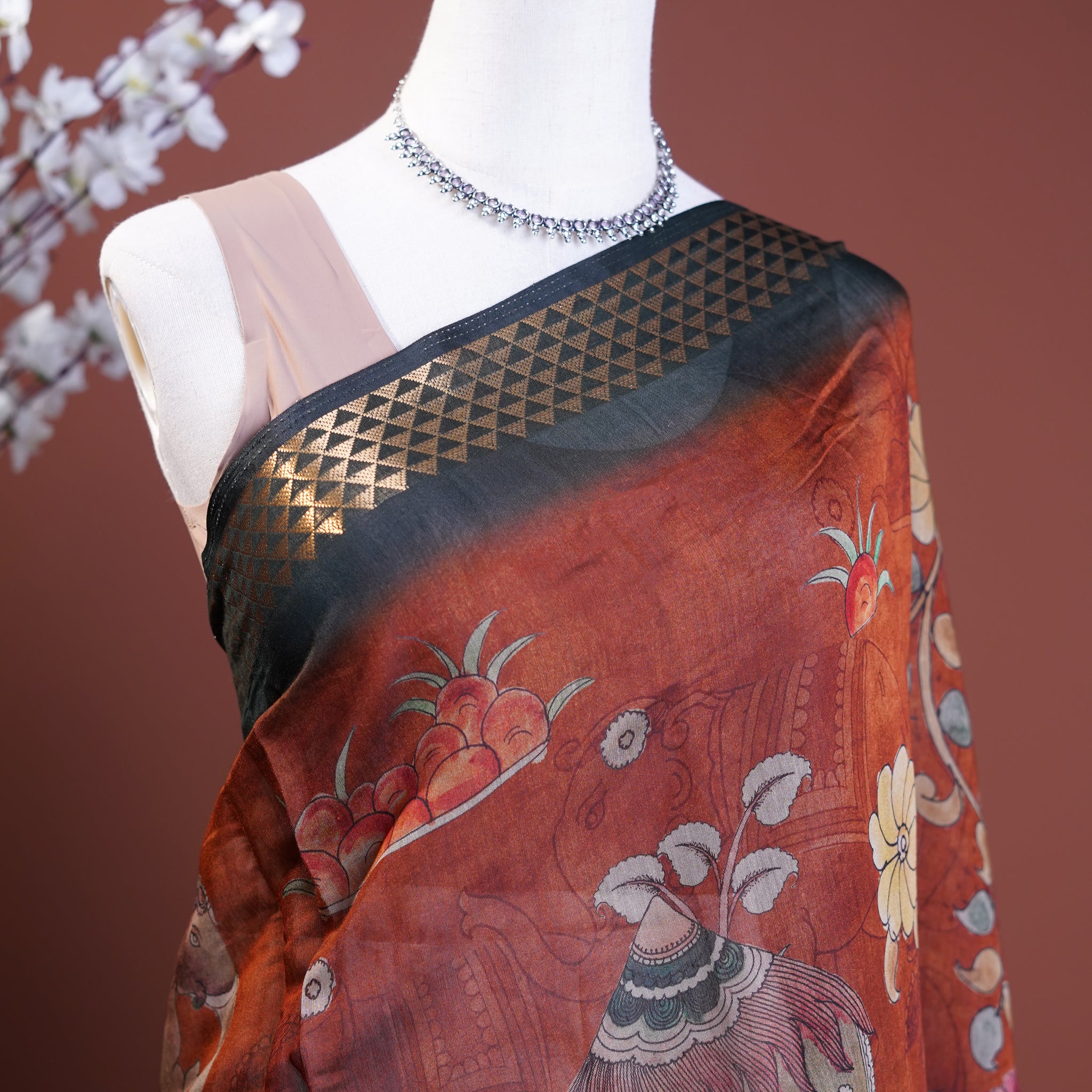 Semi Chanderi Kalamkari Saree with Intricate Hand-Painted Motifs and Zari Border - Brown