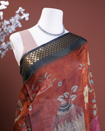 Semi Chanderi Kalamkari Saree with Intricate Hand-Painted Motifs and Zari Border - Brown