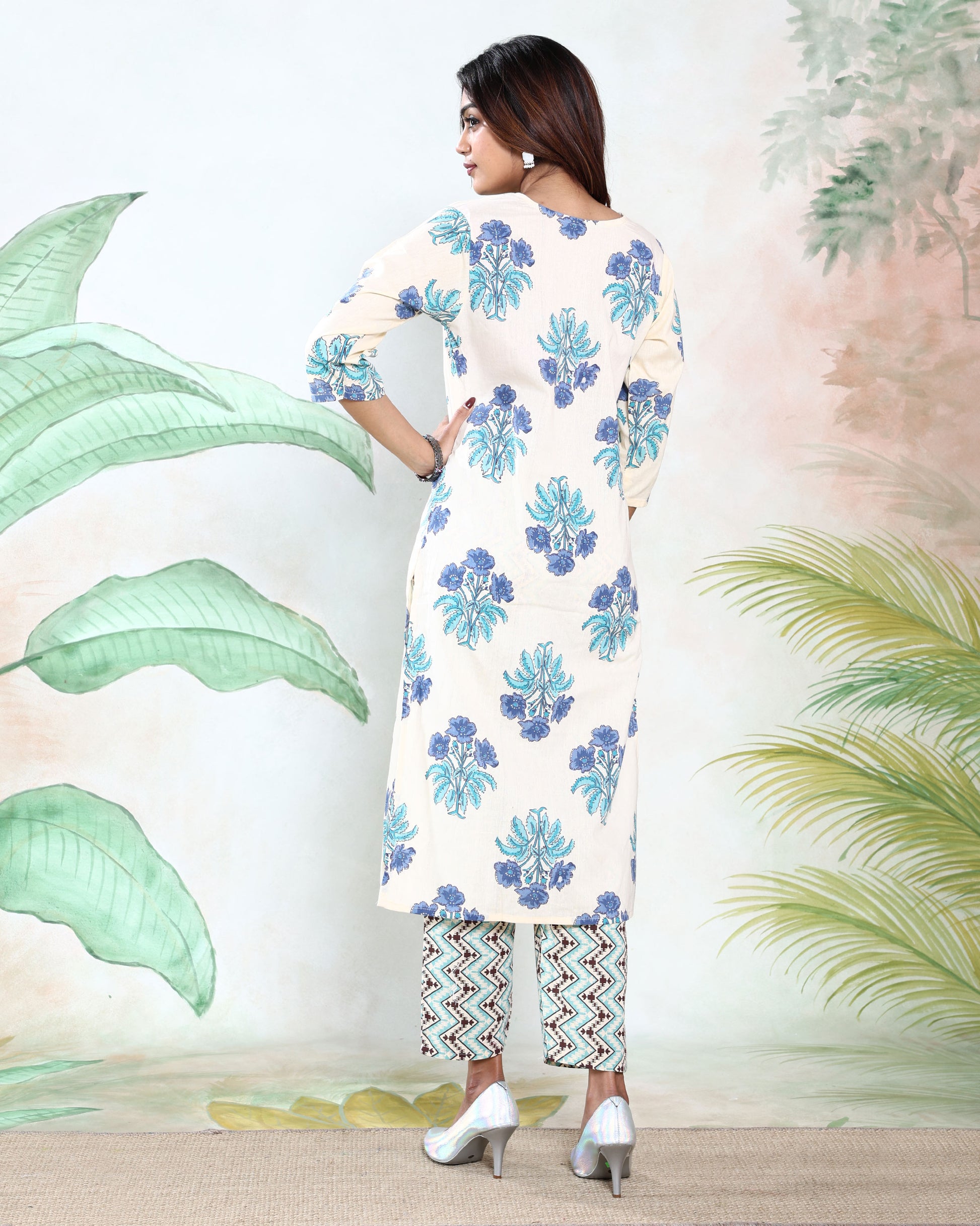 Women’s Polka Dot Printed Readymade Salwar Suit Set with Straight Kurta Matching Pants and Coordinated Dupatta, Off White