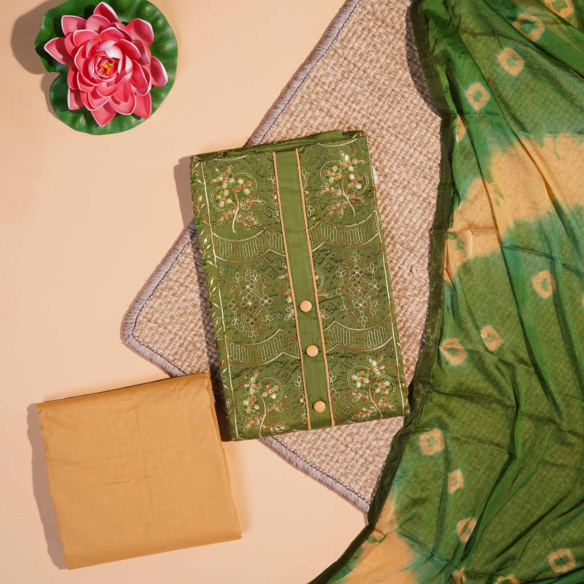 Elegant Embroidered Unstitched Salwar Suit Material with Dupatta - Green