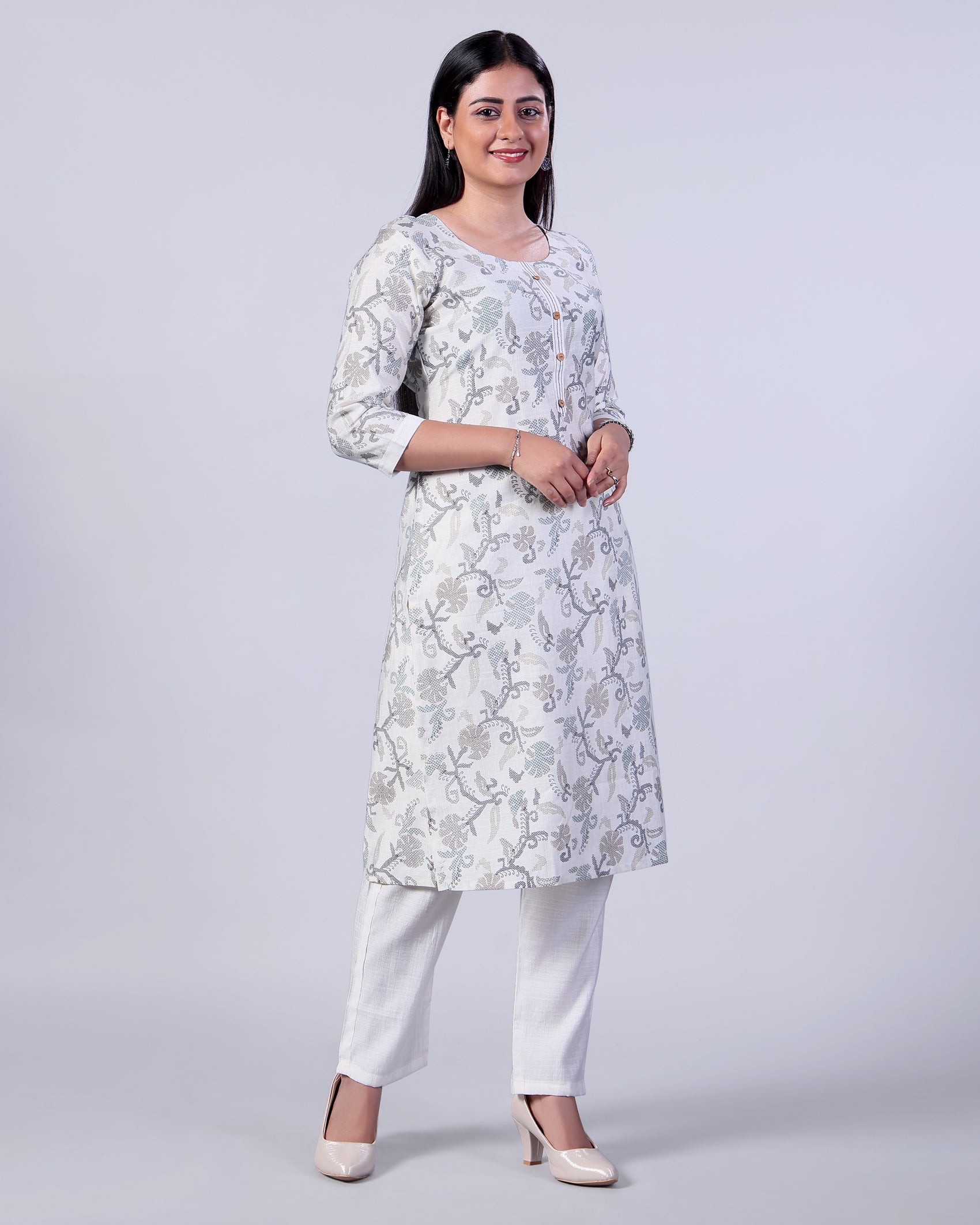 Women's Elegant Floral Print Straight Kurta with Palazzo Set, Off White